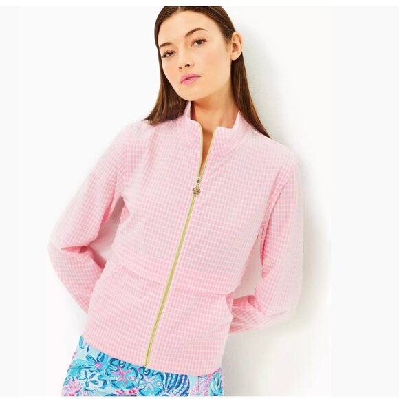 NEW LILLY PULITZER UPF 50+ Luxletic Cocos Jacket - Conch Shell Pink Gingham - Picture 1 of 15